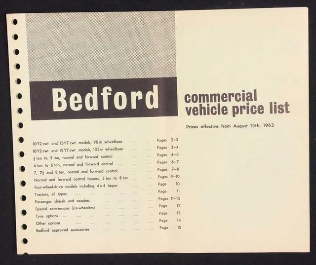 BEDFORD COMMERCIAL VEHICLE Price List Truck Lorry August 1963 Brochure