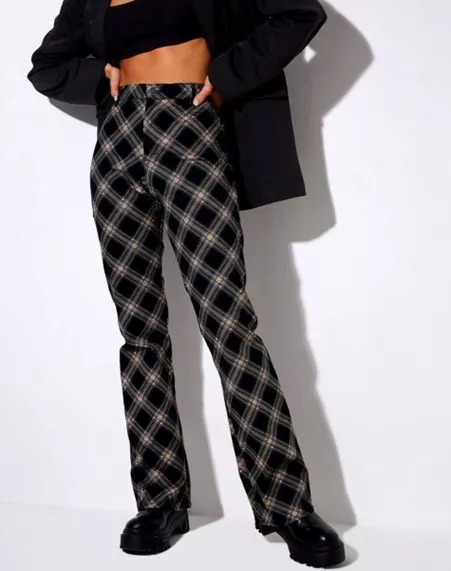 MOTEL ROCKS LADIES ZOVEN TROUSERS IN 20s CHECK BLACK AND GREY -SZ S