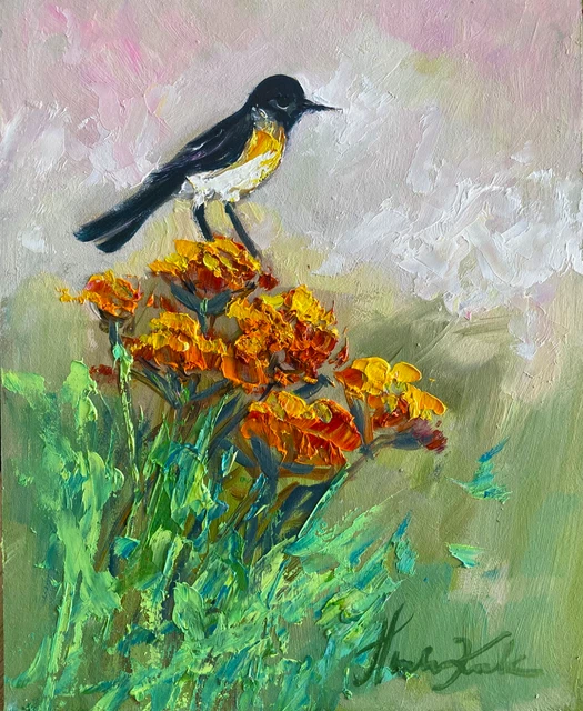 BIRD FIELD FLOWERS Landscape Original Oil Painting Impressionism ...