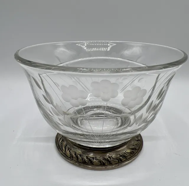 Vintage Etched Divided Glass Crystal Serving Bowl Embossed Sterling Silver Base