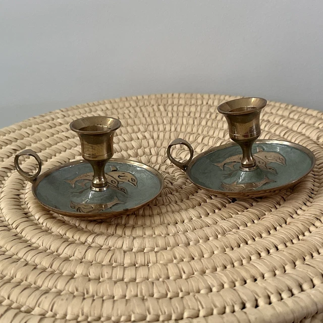 Vintage Brass Dolphin Candlestick Holder Pair Set Of 2