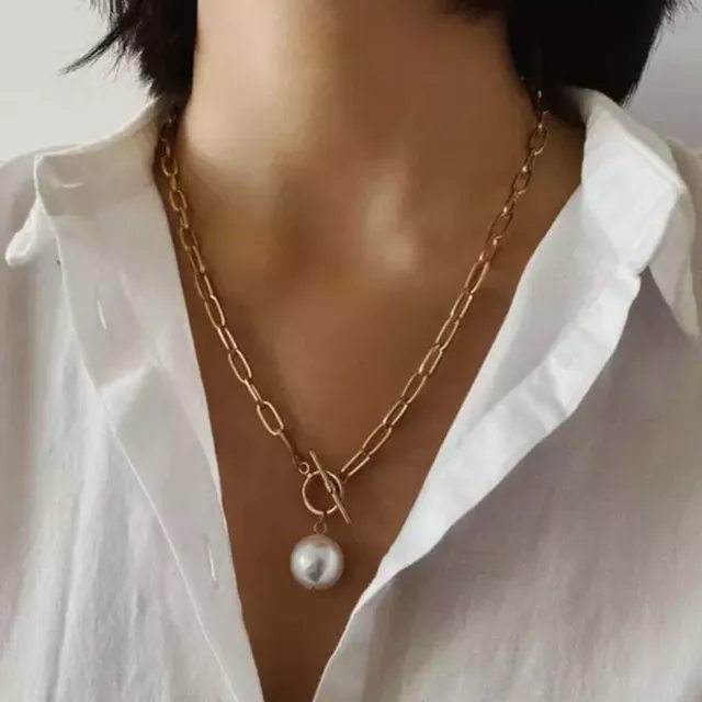 Fashion Women Girls Baroque Pearl Pendant Gold Plated Chain Necklace