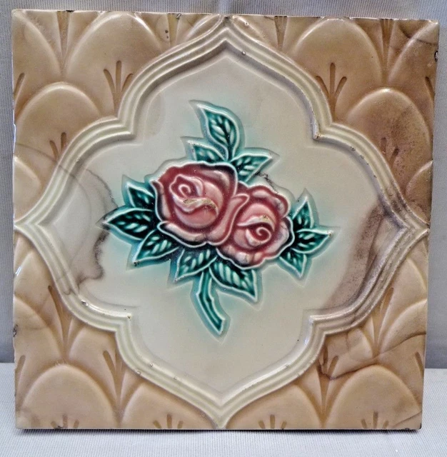 Antique Majolica Tile Japan Art Nouveau Ceramic Pink Flower Design"" 226