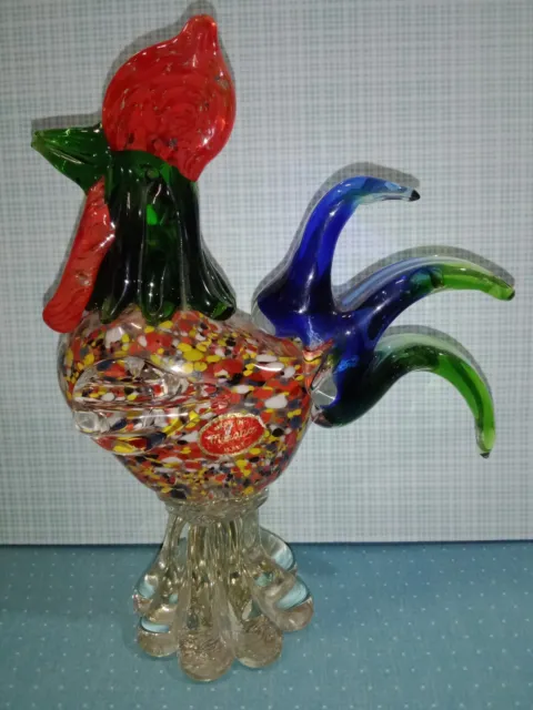 Vintage Large Murano Art Glass 9" Rooster Multicolor Heavy Sculpture With Tag