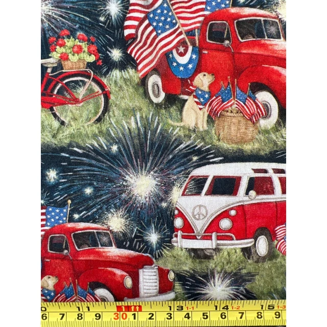 Fabric - Susan Winget Patriotic Cars VW Bus VTG Truck WASHED Cotton - 50” x 44”