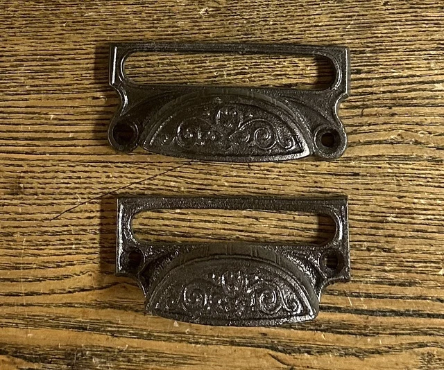 Pair Small Antique Ornate Cast Iron Victorian Window Apothecary Bin Pulls