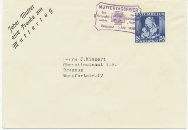ÖSTERREICH SONDERSTEMPEL 1936 „MUTTERTAGSFEIER Bregenz, 5.Mai 1936“ auf FDC
