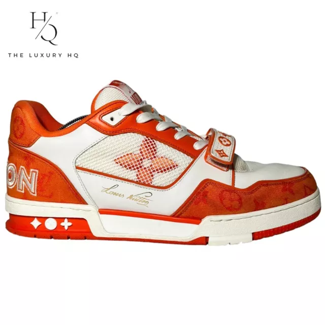 Pre-Owned Authentic Louis Vuitton LV Mens Orange Trainers With Strap [LHQ178]