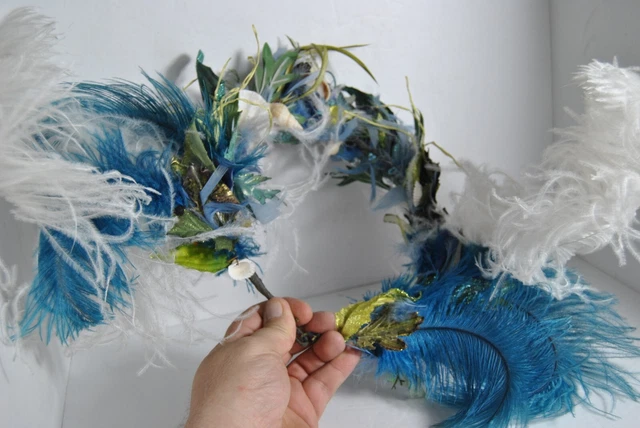 Renaissance Blue Aqua Marina and White Coronet Feather Hat 8 inches