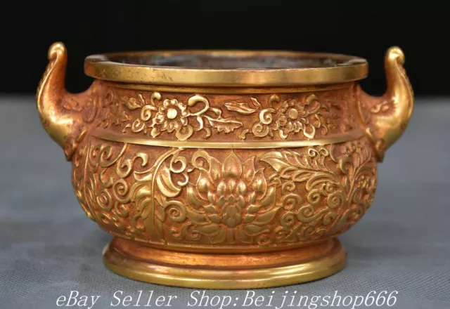 5.2" Xuande Marked Old Chinese Purple Bronze 24K Gold Gilt incense burner Pot