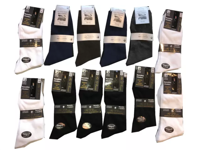 Lot de 6 a 60 paires de chaussettes en FIL D'ECOSSE - noir, blanc ou multicolor.