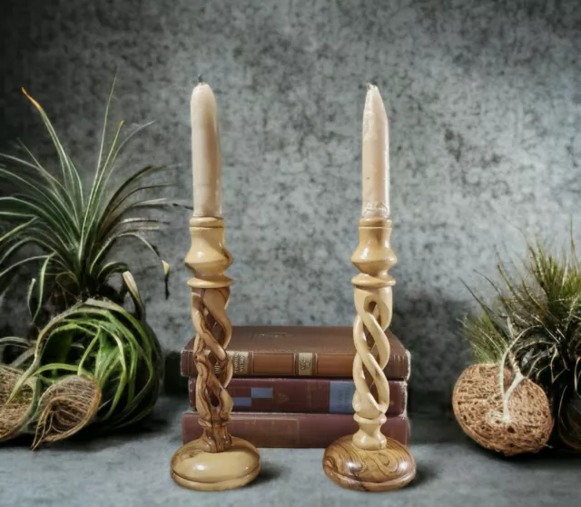 Open Barley Twist Candlestick Holders, Handmade Turned Olive Wood Contemporary
