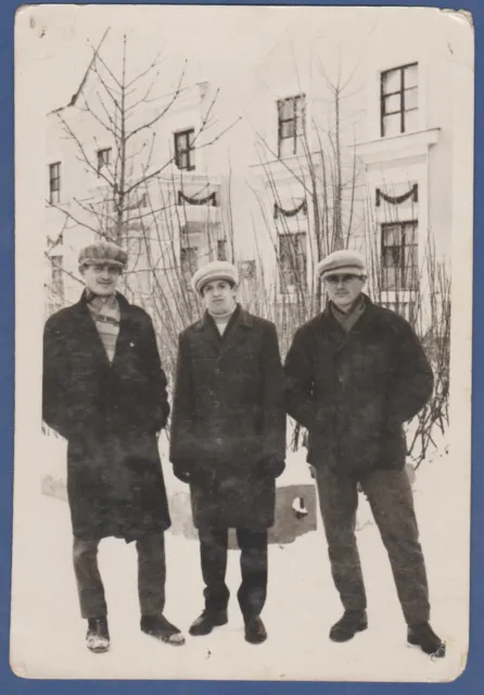 Three Handsome Guys in hats in the snow Cute Boys Soviet Vintage Photo USSR