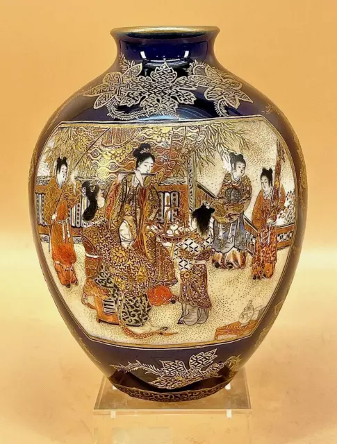 Fine Japanese Meiji Satsuma Cobalt-Blue Vase w/ Samurai by Kinkozan