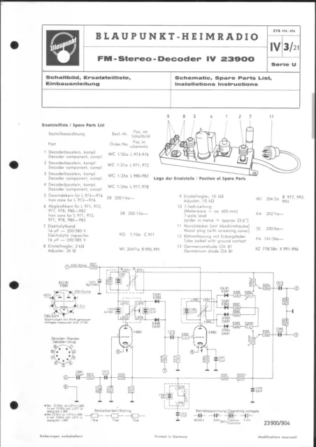 Blaupunkt Service Manual für FM-Stereo-Decoder IV 23900  Copy