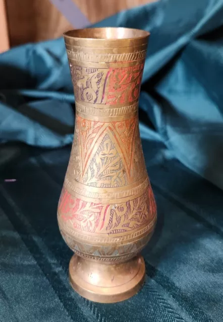 Etched Brass Made In India Flower Vase Engraved Hand Painted