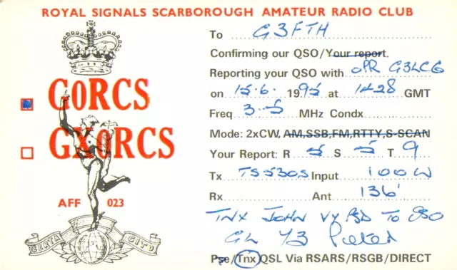 1 x QSL Card Radio UK RSARS AFF023 G0RCS Scarborough 1995 ≠ T1020