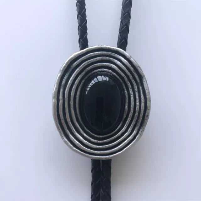 Vintage Style Silver Plated Black Obsidian Stone Bolo Tie