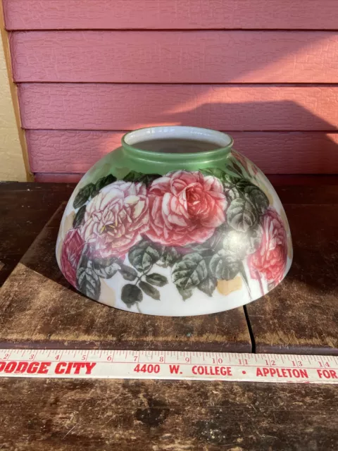 Antique Victorian 1800s 14" Painted Roses Flowers Hanging Oil Lamp Shade Only