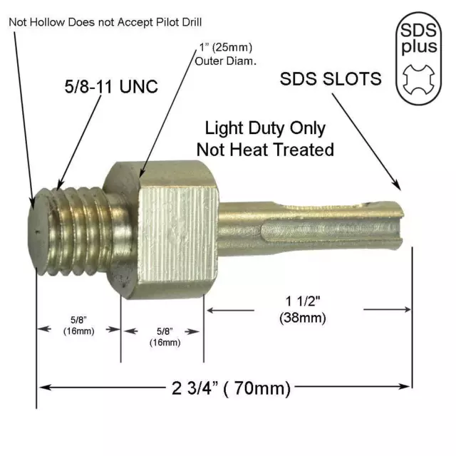 2 3/4" SDS Plus Core Bit Adapter 5/8-11 Thread Light Duty Not HT not for Pilot
