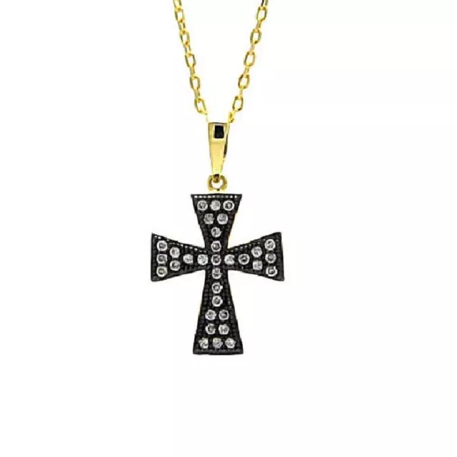 Sterling Silver Gold Plated Necklace w/ Black Rhodium Plated CZ Cross Pendant