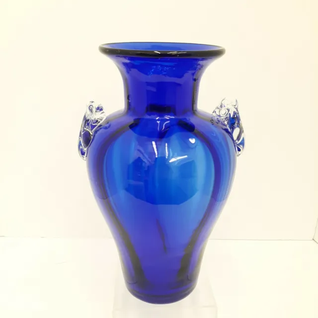 Hand Blown Cobalt Blue Glass Large Vase Flower Ginger Jar Handles Centerpiece