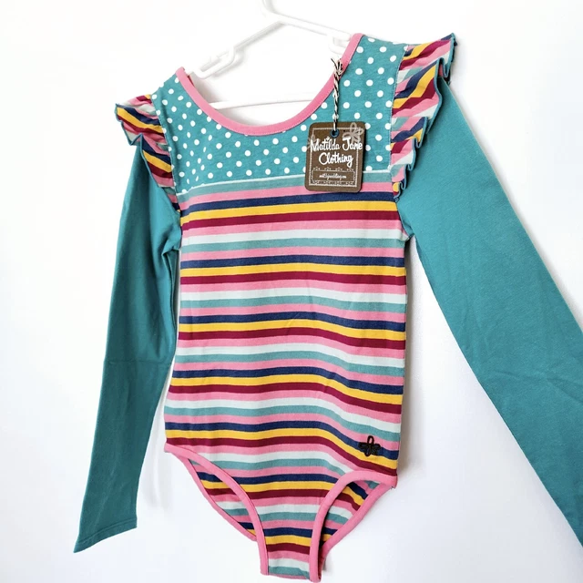Matilda Jane Girls 10 Bodysuit Leotard Teal Stripe Long Sleeve Stretch Top