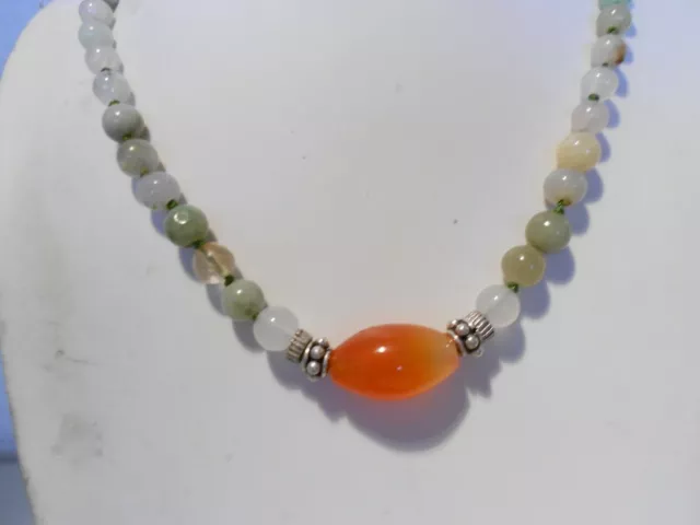 red agate marquises barrel on jade beads necklace/silver clasp