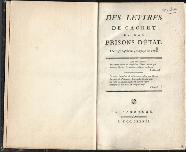 DES LETTRES DE Cachets Et Desprisons D'etat 2Eme Partie Mirabeau