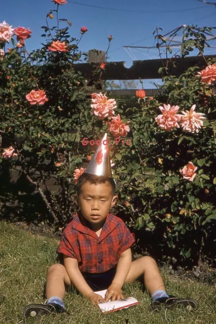 #SL59- b Old 35mm Slide Photo-Birthday Hat-Boy-Red Kodachrome Tokyo Japan 1958