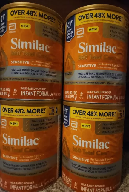 4 Large Cans of Similac 360 Total Care Sensitive 0-12 Months (30.2 oz) each.