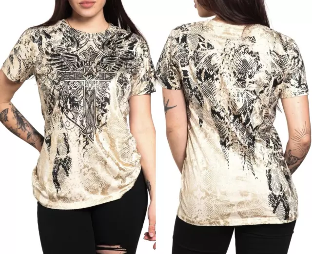 AFFLICTION Women's Short Sleeve T-Shirt MATHILDA SNAKE Wings Tattoo Biker