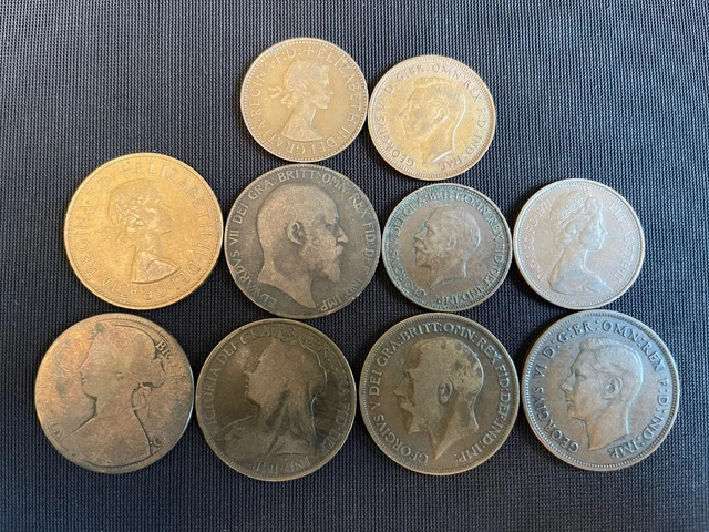10 Old Great Britain Coins 1863-1971 Queen Victoria Penny George V - Free Ship!