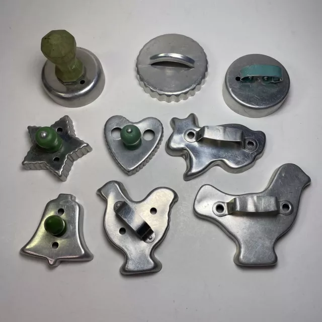 Lot 9 Aluminum Cookie Cutters Green Wood and Metal Handles Vintage