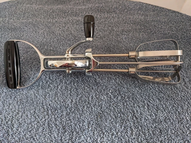 Vintage EKCO Best Egg Beater Hand Held Crank Mixer Stainless Steel Black Handle
