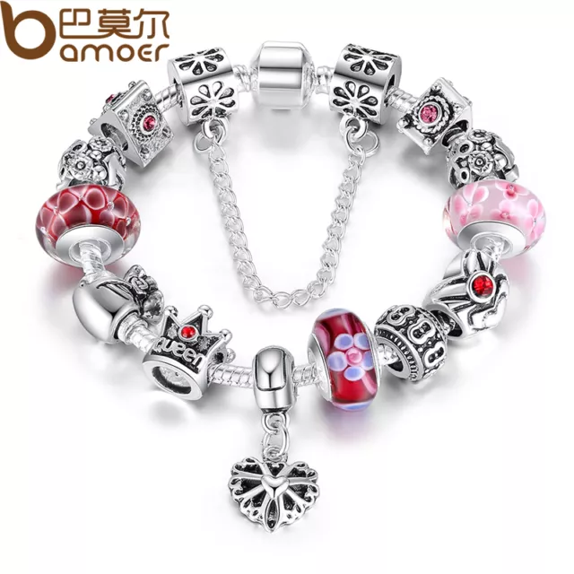 Bracelet charme cœur européen de Noël argent à faire soi-même avec perles rouges bijoux de luxe