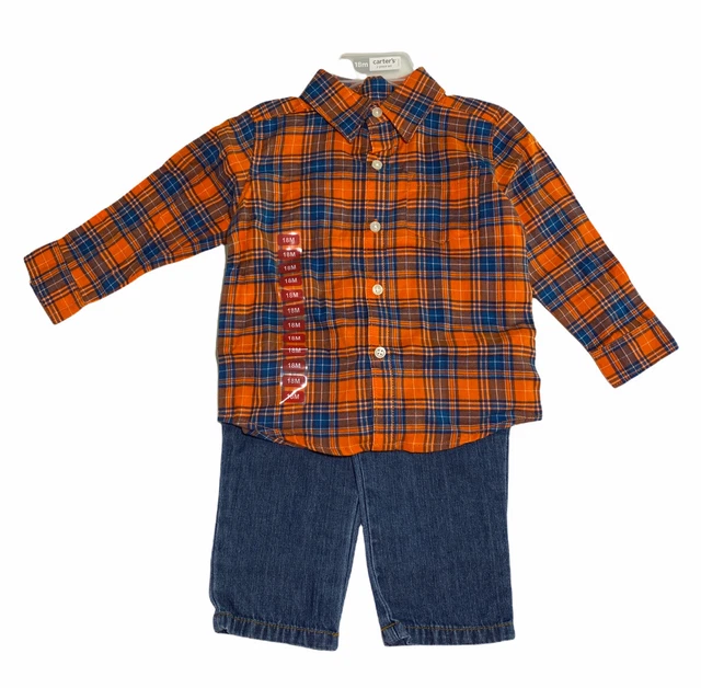 Baby Boy Carters 2 Piece Set Size 18 M Long Sleeve Plaid Button Shirt Denim Pant