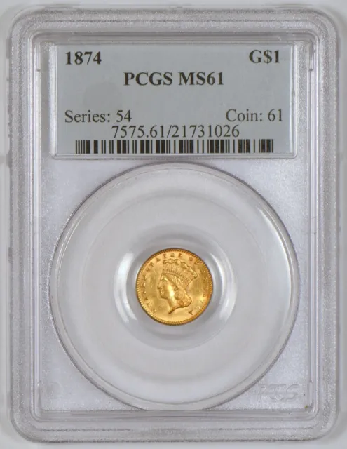 1874 $1 Indian Princess Type 3 Gold Coin, Graded MS61 by PCGS