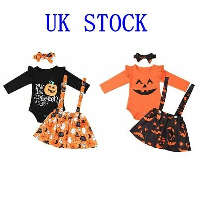 UK Baby Girls Halloween Costume Outfits Pumpkin Romper Headband Suspender Skirt