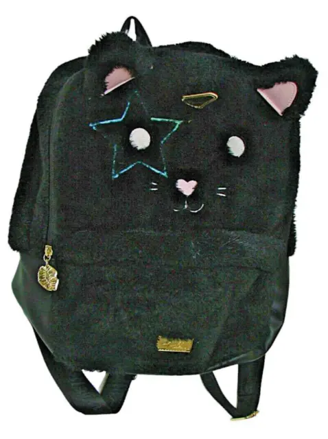 Betsey Johnson Black Faux Fur Cat Unicorn Lg Backpack Pockets Luv Betsey 13x15"