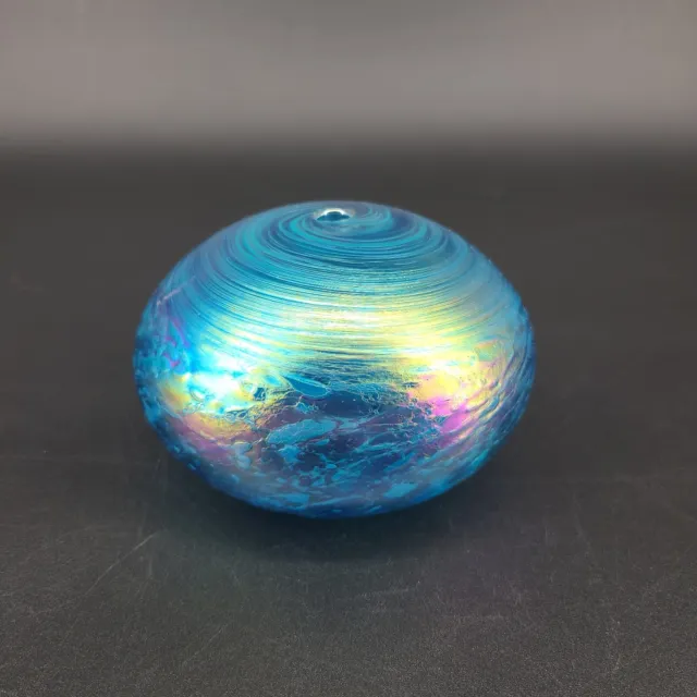 James Alloway Signed Art Glass Blue Swirl Iridescent Handblown Oil Lamp Vase
