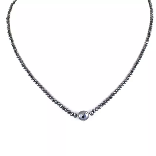 Certified 3mm Black Diamond Beads Necklace in 925 Silver, Great Sparkle