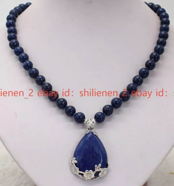 Natural 8/10mm Blue Egyptian Lapis lazuli Round Gemstone Pendant Necklace 18''