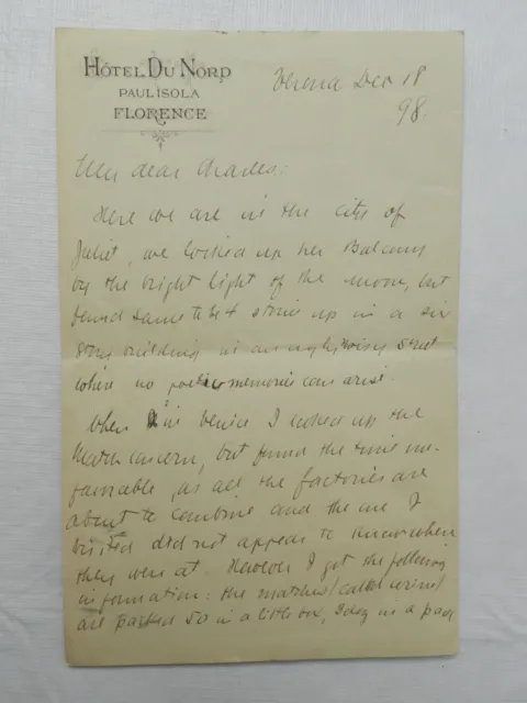 1898 Handwritten Letter Unique  Letterhead:  Hotel du Nord  Paulisola  Florence
