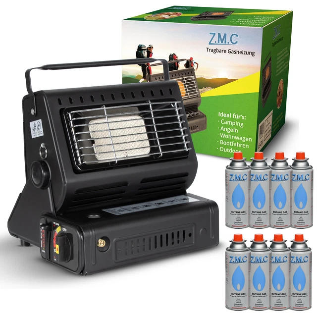 2in1 Tragbare Gasheizung Camping Butan Gas Kocher Keramik +8 Gaskartuschen 1,3KW
