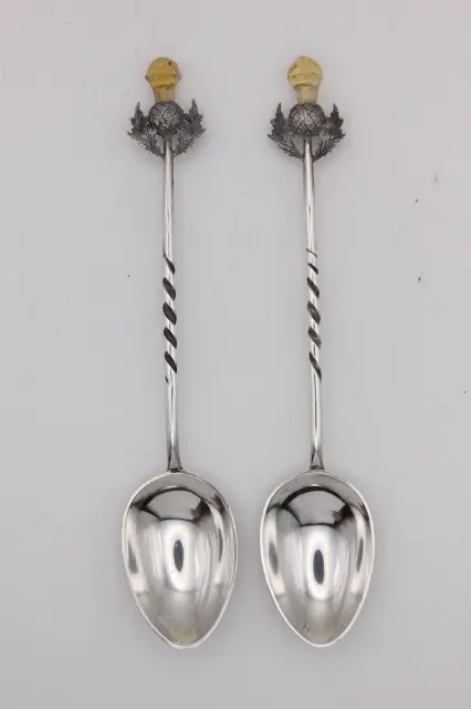 A Pair of Victorian Scottish Thistle Top Sterling Silver Spoons Birmingham 1895