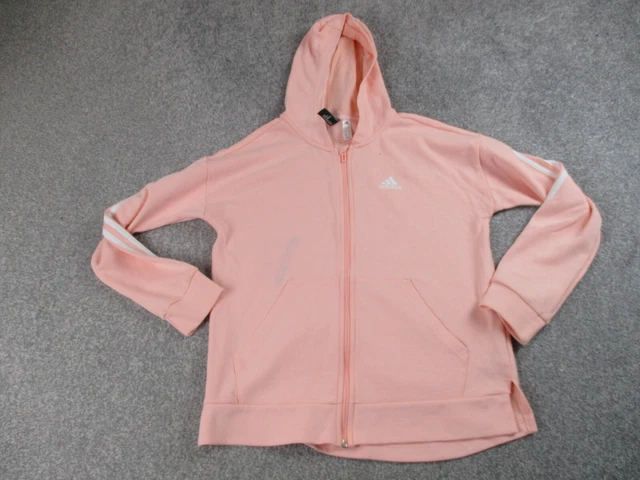 Adidas Hoodie Girls 14-15 Pink Hooded Long Sleeve Zip Logo Sweater Sweatshirt