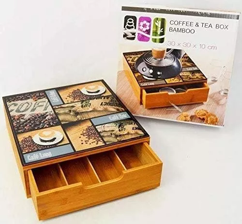 Decorative Bamboo Tea & Coffee Pod Drawer Or Countertop Storage Box w/Glass Top