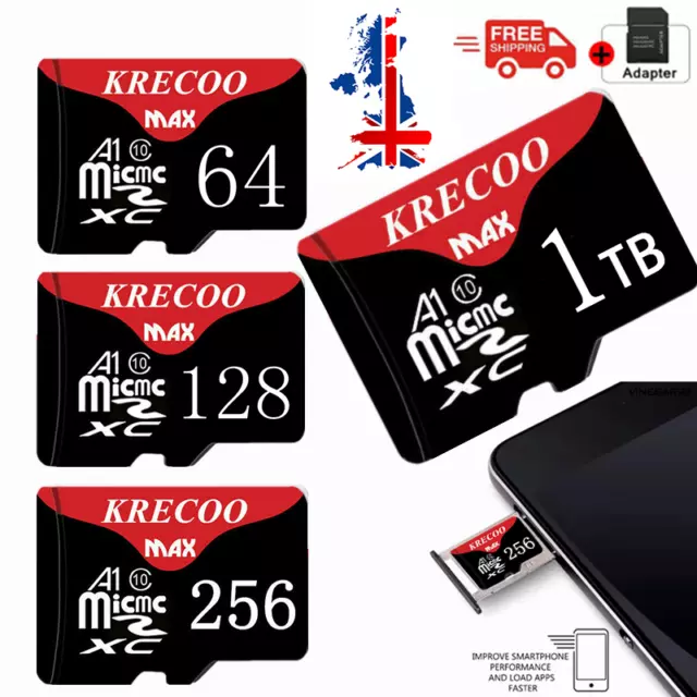 Micro SD Memory Card Class 10 U3 A2 64GB 128GB 256GB 512GB 1TB + Free Adapter