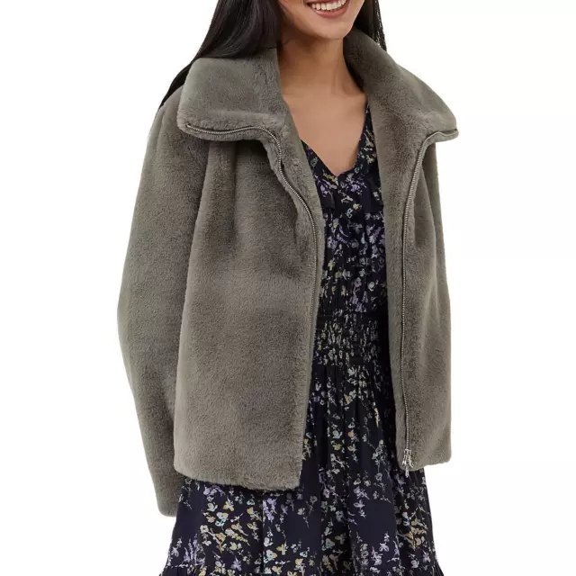 French Connection Womens Gray Warm Casual Faux Fur Coat Jacket L BHFO 8794